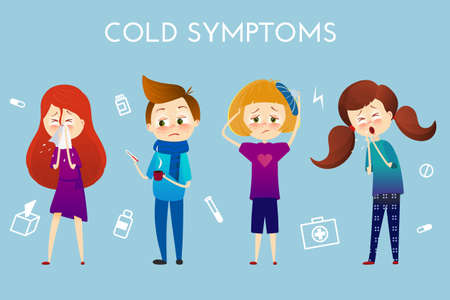 Sick child with fever, illness . Boy and girl with sneeze, high temperature, sore throat, heat, cough, headache, Vector illustration cartoon style. Sickness child with disease. flu cold symptoms.のイラスト素材