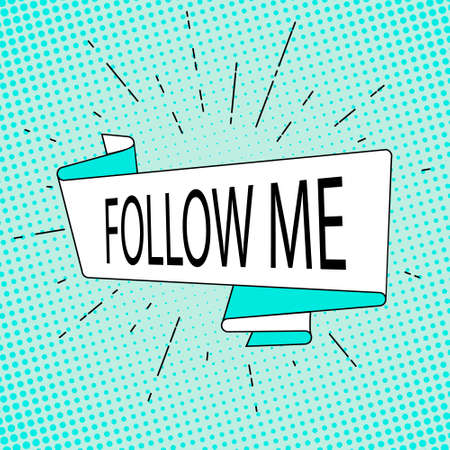 Old vintage ribbon with text Follow me and linear drawing of rays or sunburst. Hand drawn trendy design element vector. Pop art polka dots background. For banners, poster. Social media internet tagのイラスト素材