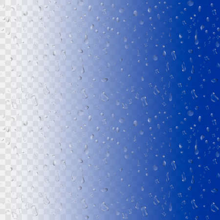Water rain drops isolated on transparent background. Realistic vector illustration. 3D bubbles on window glass surfaceのイラスト素材