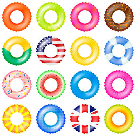 Colorful swim rings vector set. 3d realistic life buoy collection with american and UK flag,...