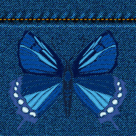 Embroidered Butterfly over jeans background. Isolate on denim texture.のイラスト素材