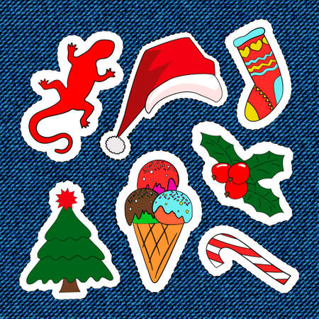 Merry Christmas embroidery patches. Candy, Santa Claus, tree, candy. Set of Happy New Year stickers, pins, magnets in cartoon comic style.のイラスト素材