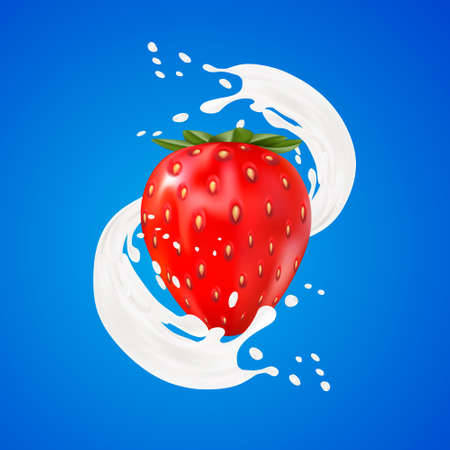 3d strawberry yogurt flavour ad promotion. milk splash swirl with fruits isolated on white.のイラスト素材