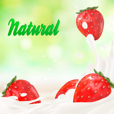 Milk ad or 3d strawberry yogurt flavour promotion. milk splash with fruits isolated on white. instant oatmeal advertising, open field background, 3d illustrationのイラスト素材