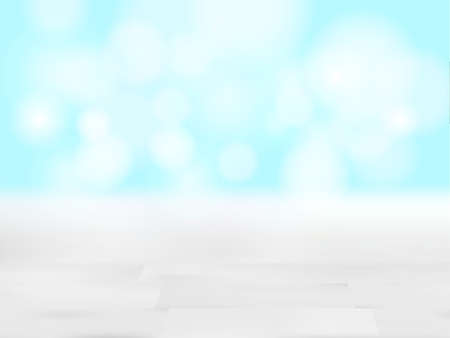 Empty wooden table in front of glitter lights background. De-focused blurred blue backdrop. Ready for product mock ups or display montage.のイラスト素材