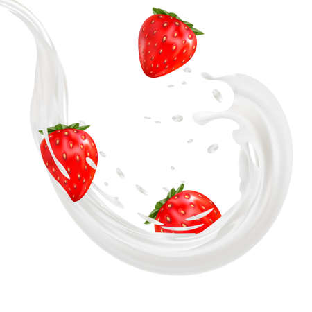 3d strawberry yogurt flavour ad promotion. milk splash with fruits isolated on whiteのイラスト素材