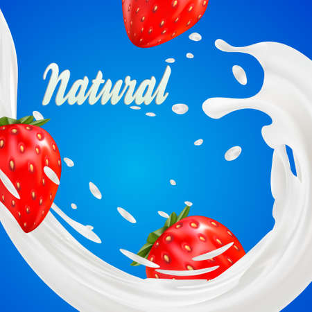 3d strawberry yogurt flavour ad promotion. milk splash with fruits isolated on blue. daily product crownのイラスト素材
