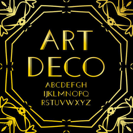 Font vector. Art deco vintage alphabet, retro gold frame or border. Luxury design abc isolated on black background. For logo, label, sign decoration illustration.のイラスト素材