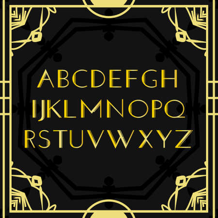 Font vector. Art deco vintage alphabet, retro gold frame or border. Luxury design abc isolated on black background. For logo, label, sign decoration illustration.のイラスト素材