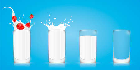 Milk in transparent glass. Realistic vector 3d illustration. Pour milk splash with strawberry fruits, full and empty glass on a blue background. 3d renderのイラスト素材