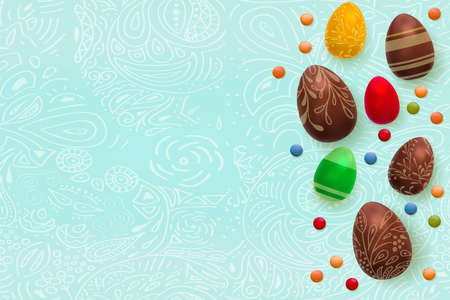 Easter background. Template vector card with realistic 3d render eggs, candies. Copyspace for your text. Doodles hand drawn elements pattern.のイラスト素材