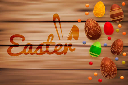 Easter composition with chocolate eggs on wooden background, space for text. 3d render realistic vector illustration.のイラスト素材