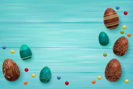Easter composition with chocolate eggs on color wooden background, space for text. 3d render realistic vector illustration.のイラスト素材