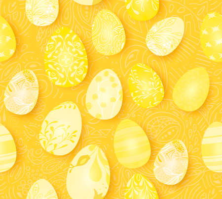 Happy Easter. Seamless Easter eggs pattern with different texture. 3d render realistic vector illustration. Spring holiday design.のイラスト素材