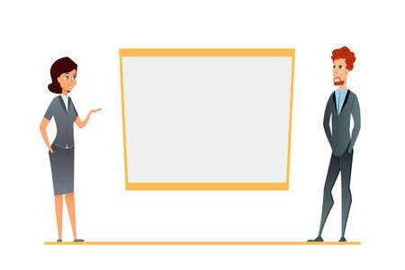 business conference presentation, team training. Cartoon characters in the corporate environment show blank whiteboard or white office flipchart. Young woman, man in semi-casual suits. vectorの写真素材