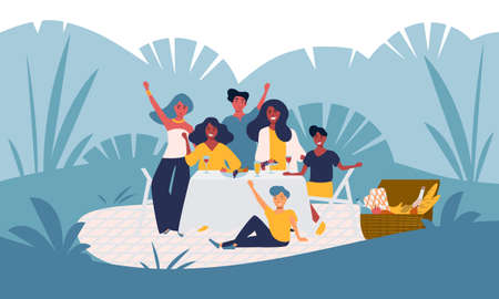 Happy young family has fun on a picnic in the park, garden party outside, backyard celebration. Smiling people group with children. Summer nature outdoor leisure activity. Flat vector isolated.のイラスト素材