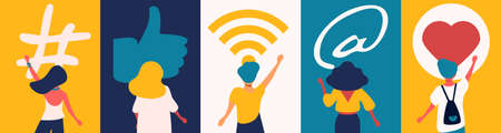 Social media concept: digital app symbols for bloggers and influencers sharing with audience. Flat vector hashtag sign, like, wireless network. E-Marketing, followers and social network ideaのイラスト素材