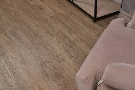 Comfortable arm chair in interior living room with pastel wall and wooden oak floor.の写真素材