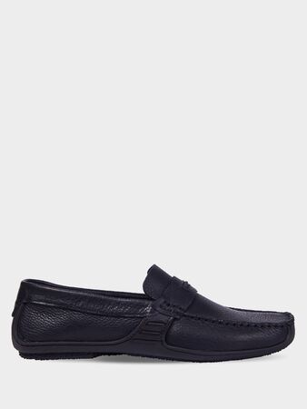 Men's leather suede summer loafers in black with black sole. Isolated on a white background.の写真素材