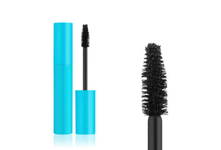 3D rendering Set of blue color Mascara Bottle. Brush and mascara tube. Black wand and blue tube on white background. Fashionable cosmetics Makeup for Eyes. Mockup.の写真素材
