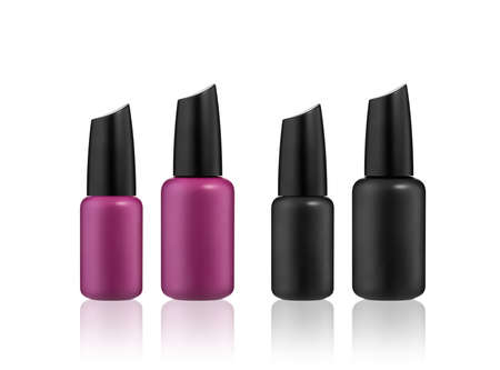 3D rendering Set of violet and black Nail Polish bottles isolated on white background. Mockup.の写真素材