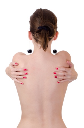back of nude woman with red nails isolatedの写真素材