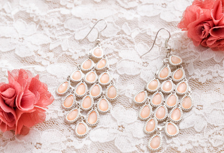 Pink earring with white laceの写真素材