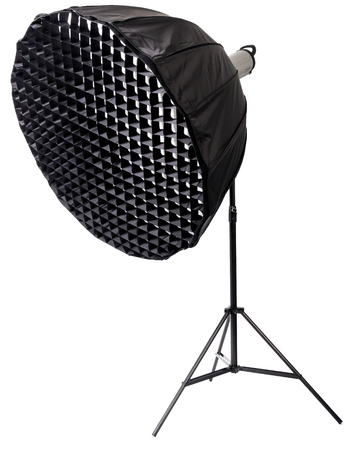 Strobe with umbrella isolated on whiteの写真素材