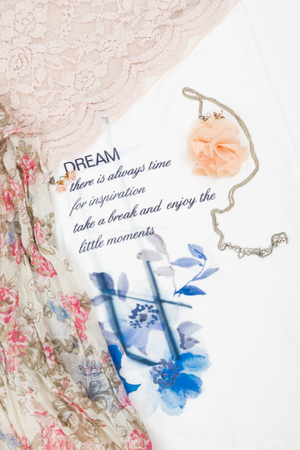 Jewelry accessories with text and textilesの写真素材