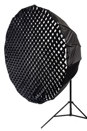 Strobe with umbrella isolated on whiteの写真素材