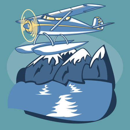 Passenger Sea Plane is featured flying over mountain lake in this sketch-like vector illustration.のイラスト素材