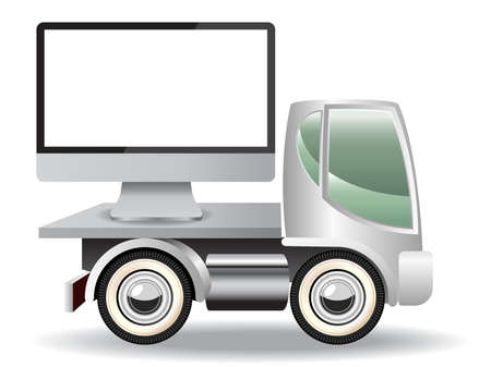 Delivery truck carrying the computer isolated on whiteのイラスト素材