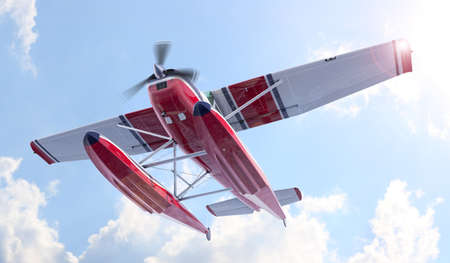 Retro seaplane illustration. 3D render. Against the sky