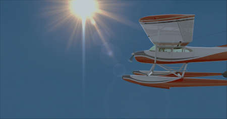 Retro seaplane illustration. 3D render. Against the sky
