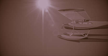 Retro seaplane illustration. 3D render. Against the sky. Superimposed retro photo filter with noiseの写真素材