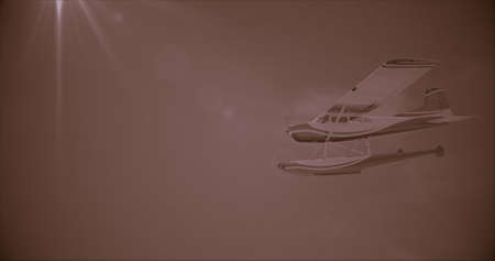 Retro seaplane illustration. 3D render. Against the sky. Superimposed retro photo filter with noise