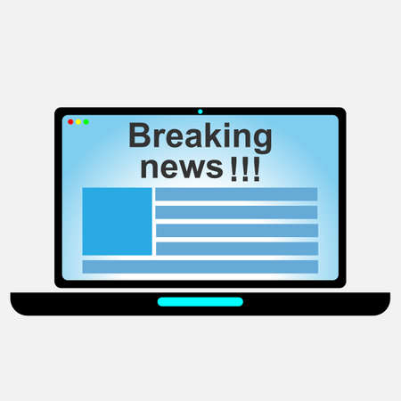 Laptop with online breaking news on the screen. Flat vector illustration.のイラスト素材