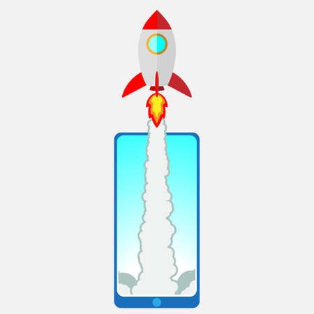 Flat style. The rocket on the side of the screen smartphone takes offのイラスト素材
