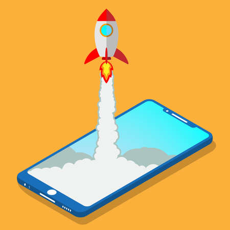 Flat style isometric . The rocket on the side of the screen smartphone takes offのイラスト素材