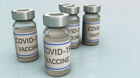 Ampoules with Covid-19 vaccine. Coronavirus sars-cov-2 pandemic. 3D render