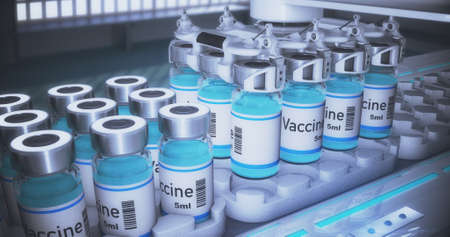 Pharmaceutical manufacturing line. Cardboard automatic factory packaging machine for packaging ampoules and bottles with vaccine and medicines. 3D render. A filter with grain was appliedの写真素材