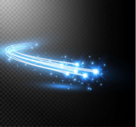 Abstract vector glowing magic star light effect from the neon blur of curved lines. Glittering stars dust trail from the side.flying comet on a transparent background.のイラスト素材