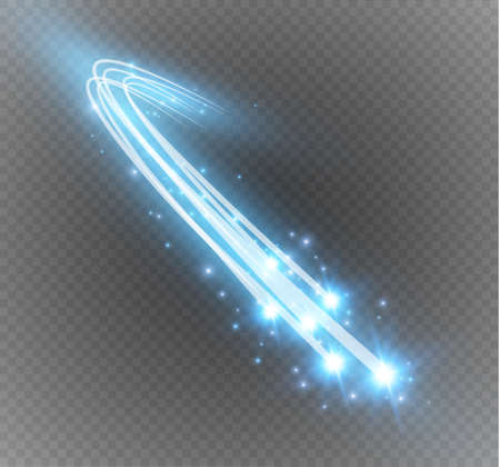 Abstract vector glowing magic star light effect from the neon blur of curved lines. Glittering stars dust trail from the side.flying comet on a transparent background.のイラスト素材