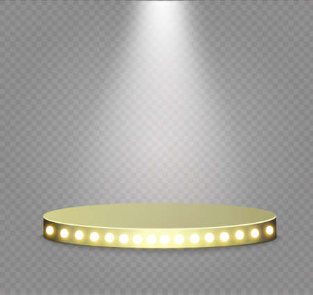 Golden podium on a transparent background.the podium of winners with bright lights.spotlight.lighting.vector illustration.attention.のイラスト素材
