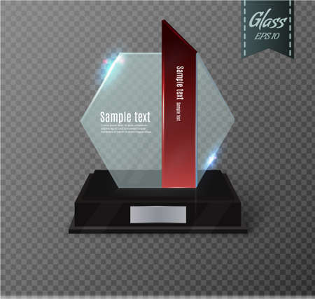 Blank glass award trophy on a transparent background.glass shelf. Glossy trophy award for illustration.realistic empty.black 3D booth .vectorのイラスト素材