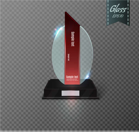 Blank glass award trophy on a transparent background.glass shelf. Glossy trophy award for illustration.realistic empty.black 3D booth .vectorのイラスト素材