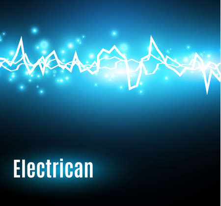 Energy shock effect with many glowing particles. Electric discharge on blue background. Vector illustrationのイラスト素材