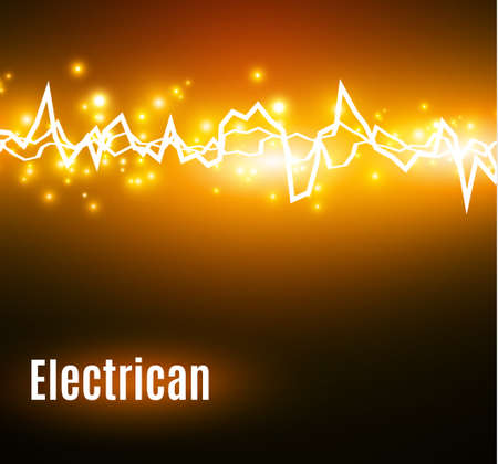 Energy shock effect with many glowing particles. Electric discharge on yellow background. Vector illustrationのイラスト素材