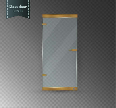 Transparent clear glass door isolated on transparent checkered background. Mock up entrance door for shop or fashion boutique. Vector illustrationのイラスト素材