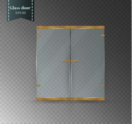 Transparent clear glass door isolated on transparent checkered background. Mock up entrance door for shop or fashion boutique. Vector illustrationのイラスト素材